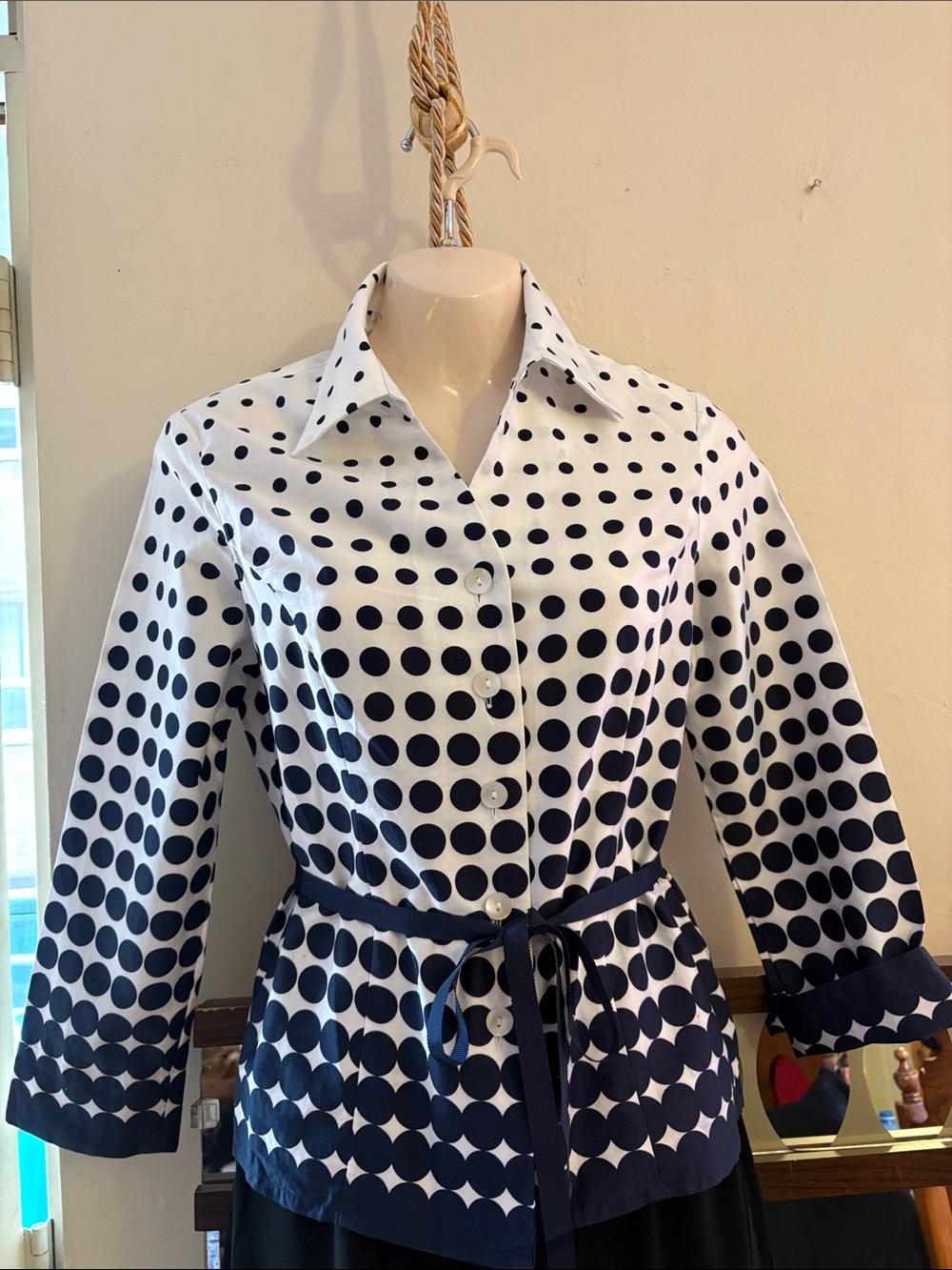 White and Navy Polka Dot Button-Down Shirt with Self Tie. Cotton